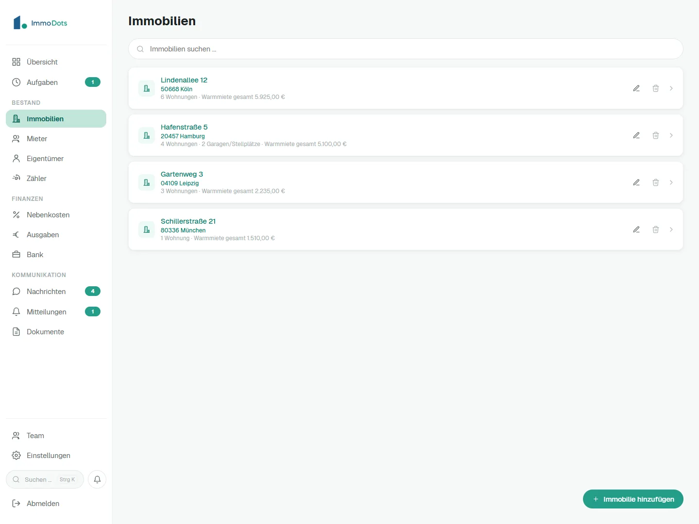 Die Immobilienliste von ImmoDots mit Einheiten, Auslastung und Mieteinnahmen je Objekt, mit Beispieldaten